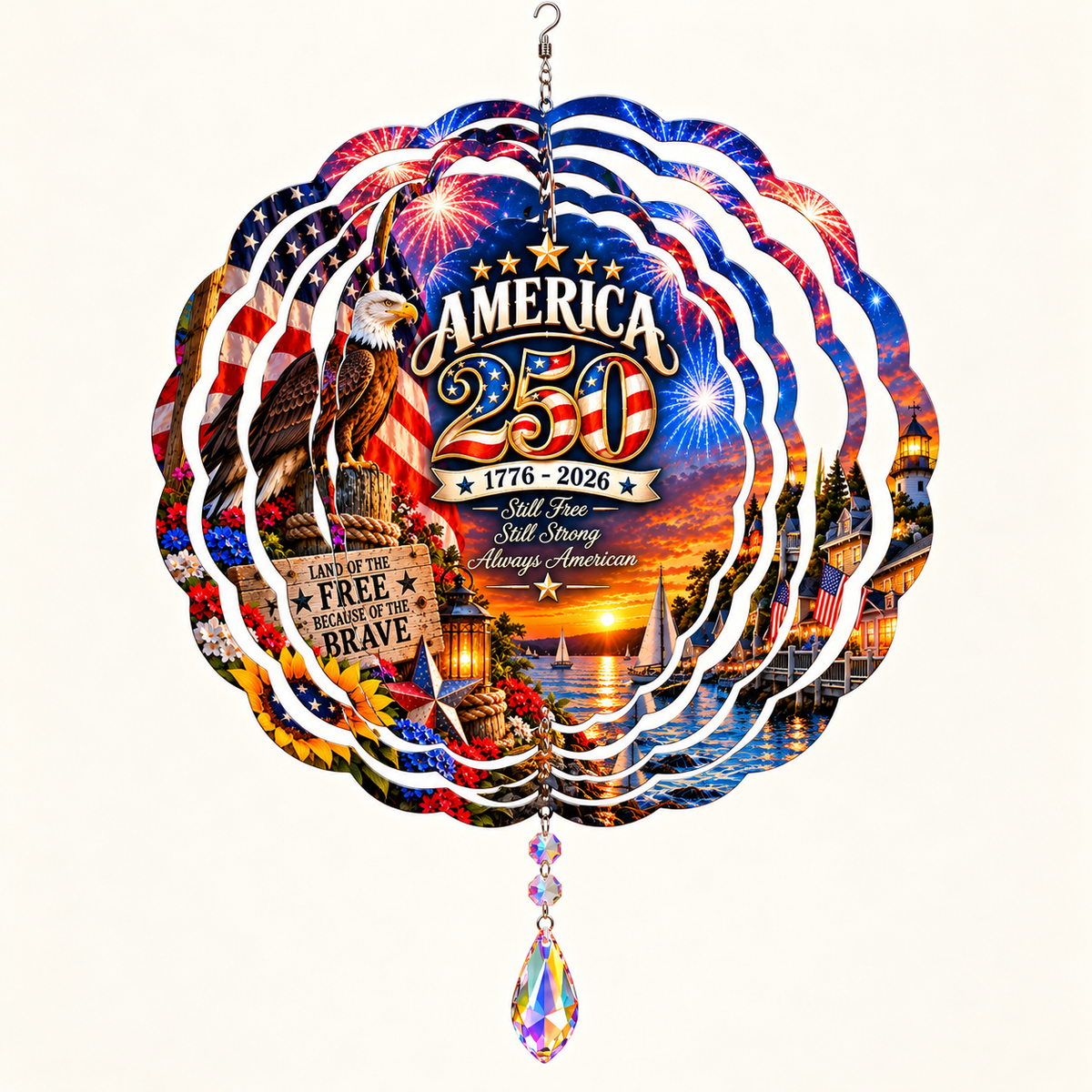 Opened America 250 patriotic harbor wind spinner mockup with example crystal suncatcher