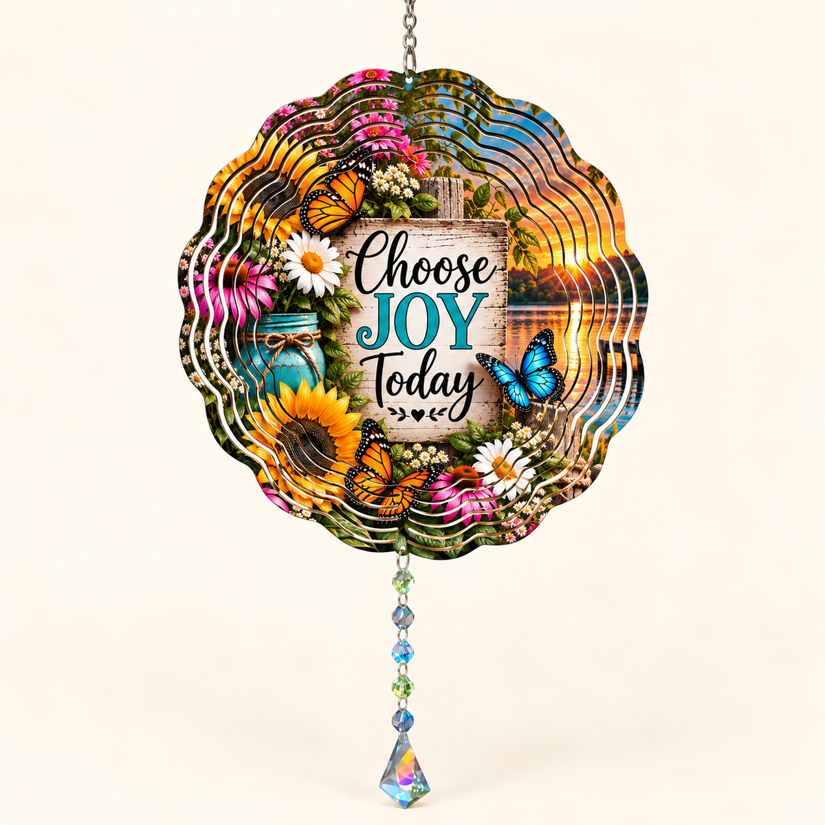 Choose Joy Today sunflower and butterfly wind spinner on cream, illustrative front mockup