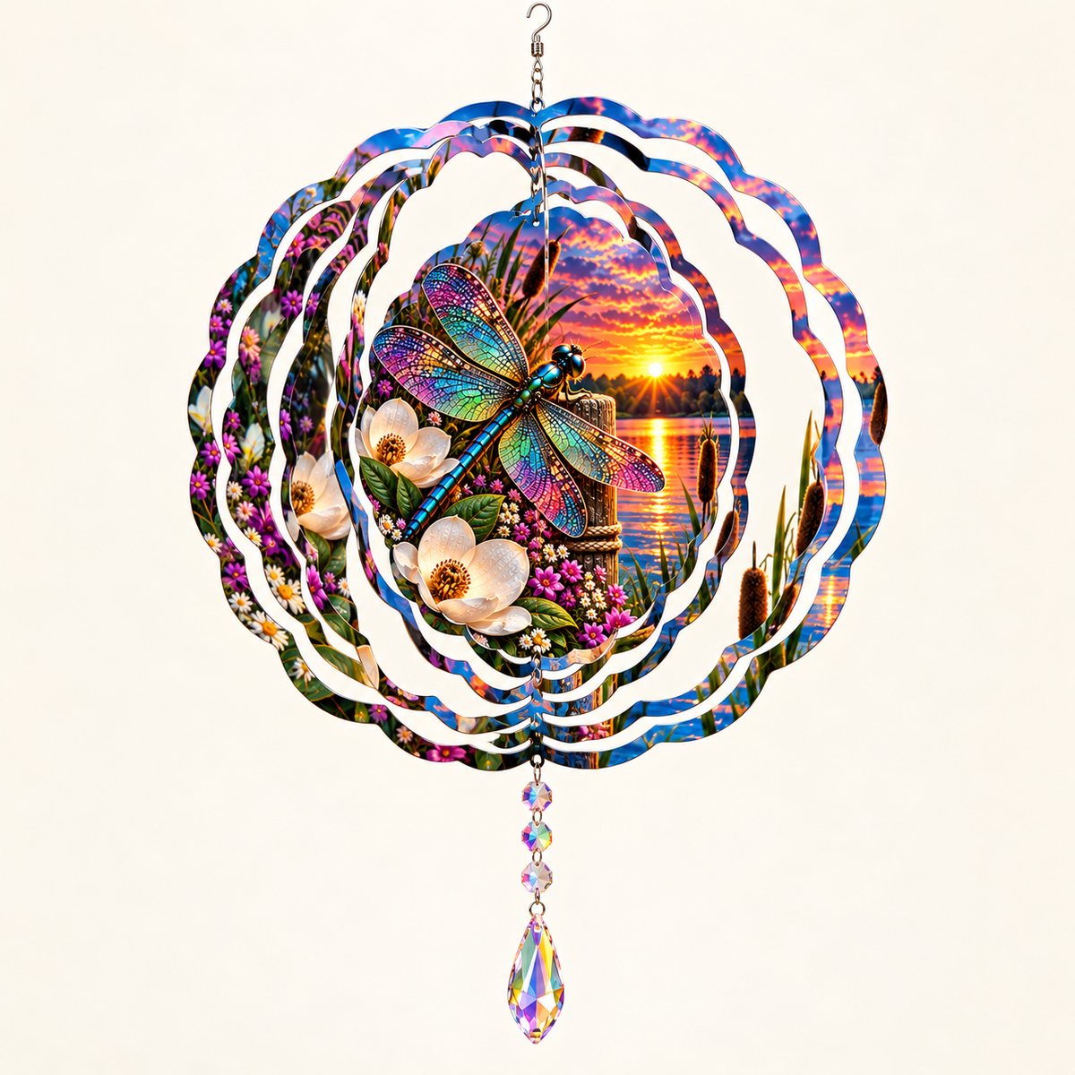Illustrative mockup of dragonfly and magnolia sunset wind spinner opened into shape with example crystal suncatcher on cream background
