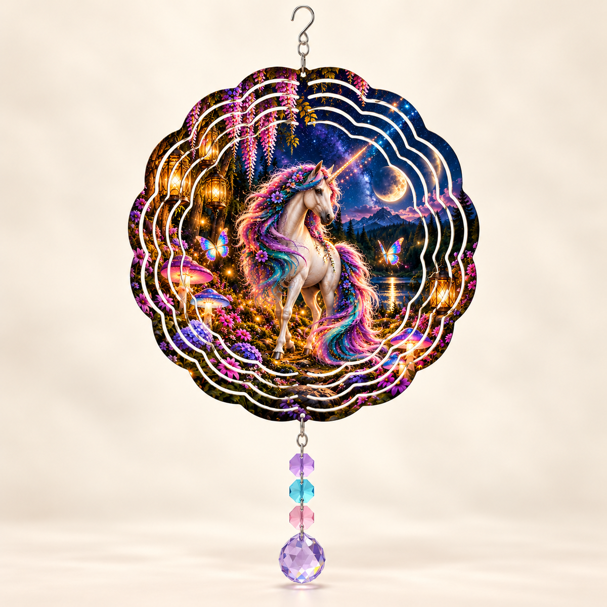 Illustrative front mockup of Enchanted Moonlit Unicorn 8-inch wind spinner with example lavender aqua pink and light violet prisms