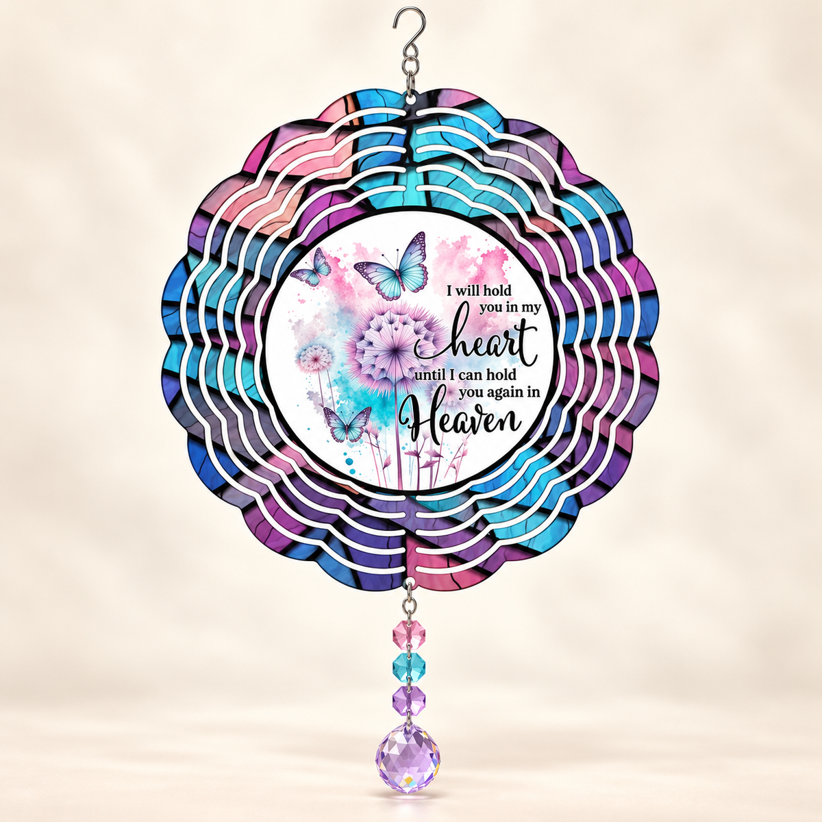Illustrative front mockup of Hold You in My Heart 8-inch memorial spinner with pastel butterflies and example prisms