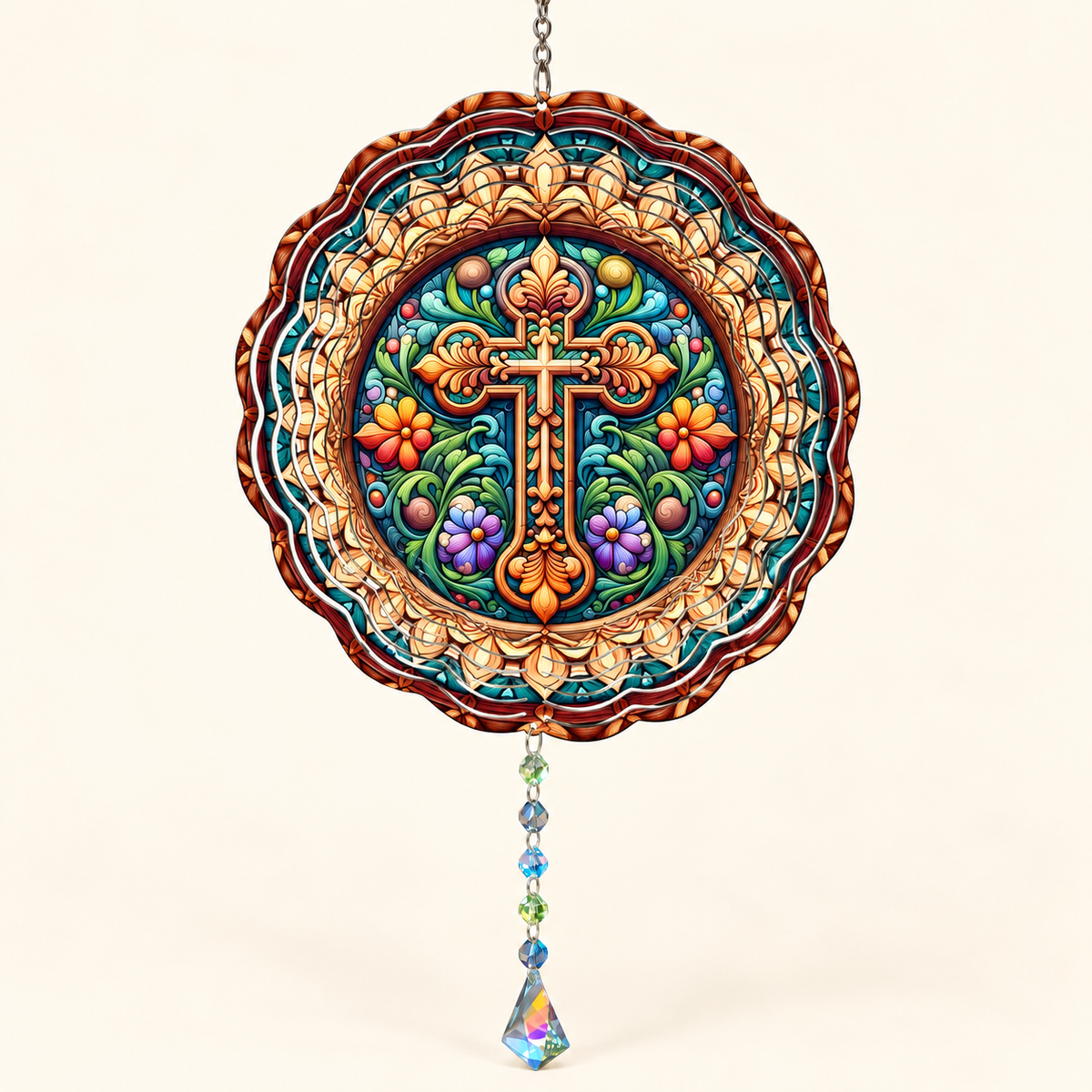 Ornate floral cross aluminum wind spinner mockup on cream background