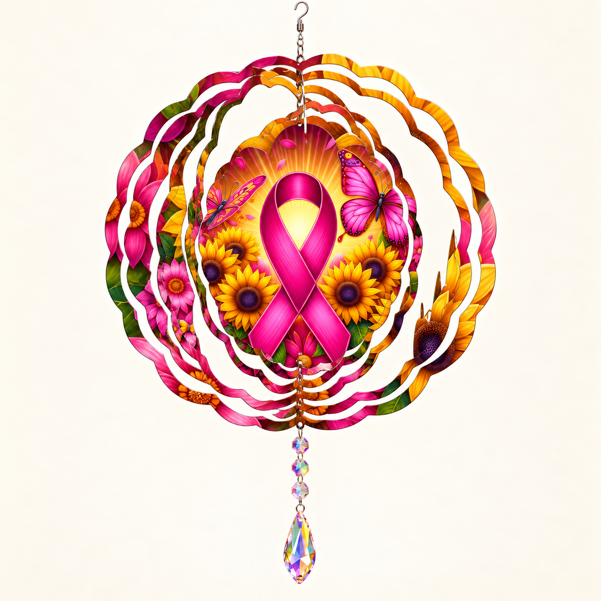 Opened pink ribbon sunflower wind spinner mockup with example crystal suncatcher