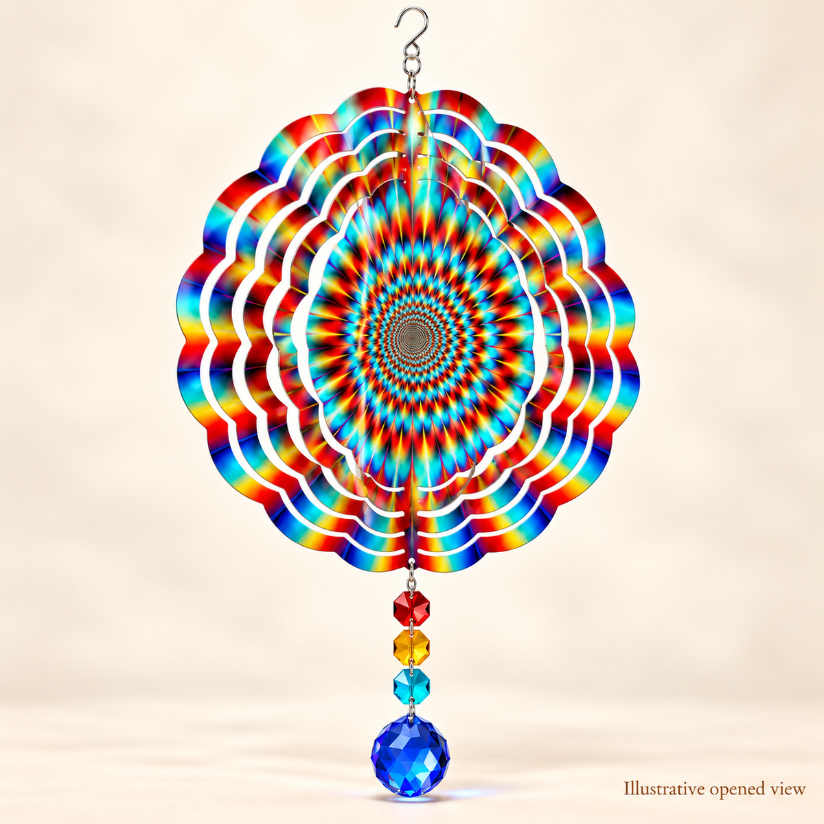 Illustrative opened view of rainbow optical illusion 8-inch wind spinner with four example prisms