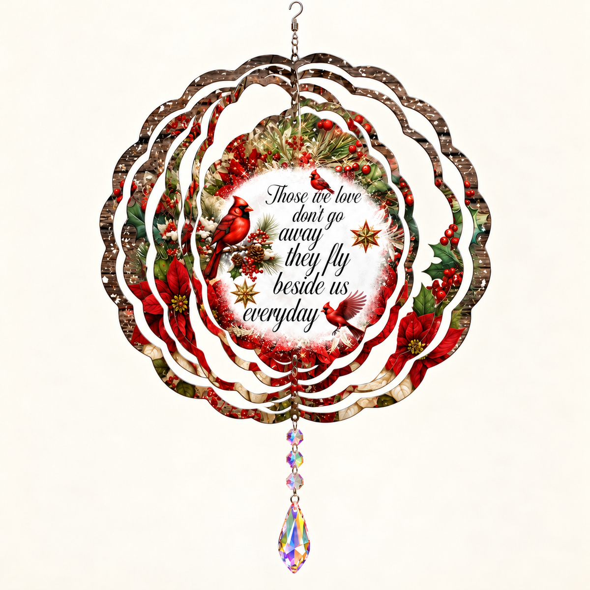 Those We Love cardinal memorial wind spinner opened into shape on cream, illustrative mockup with example suncatcher