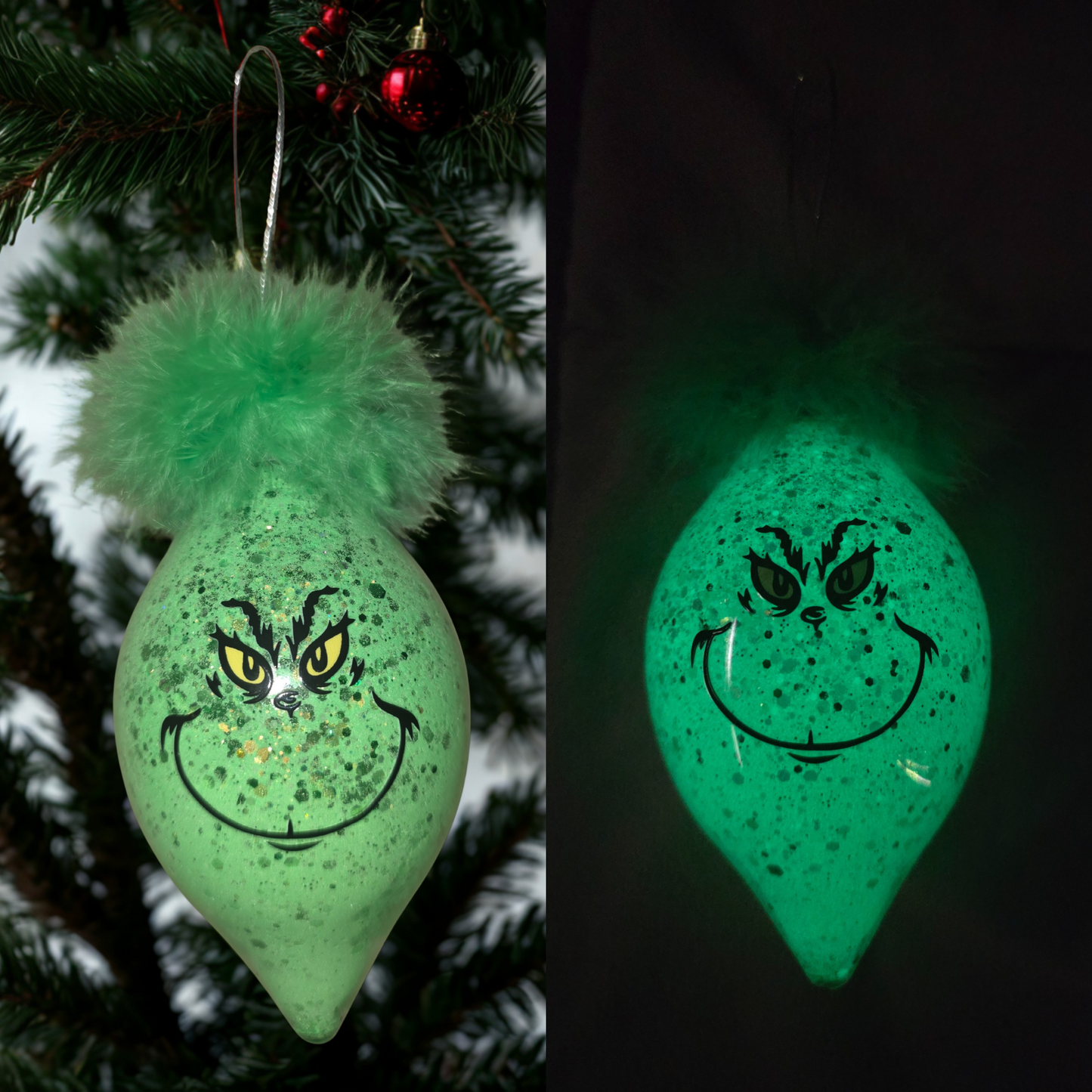 Glow-in-the-Dark Grinch Ornament - 5" Teardrop Christmas Decoration
