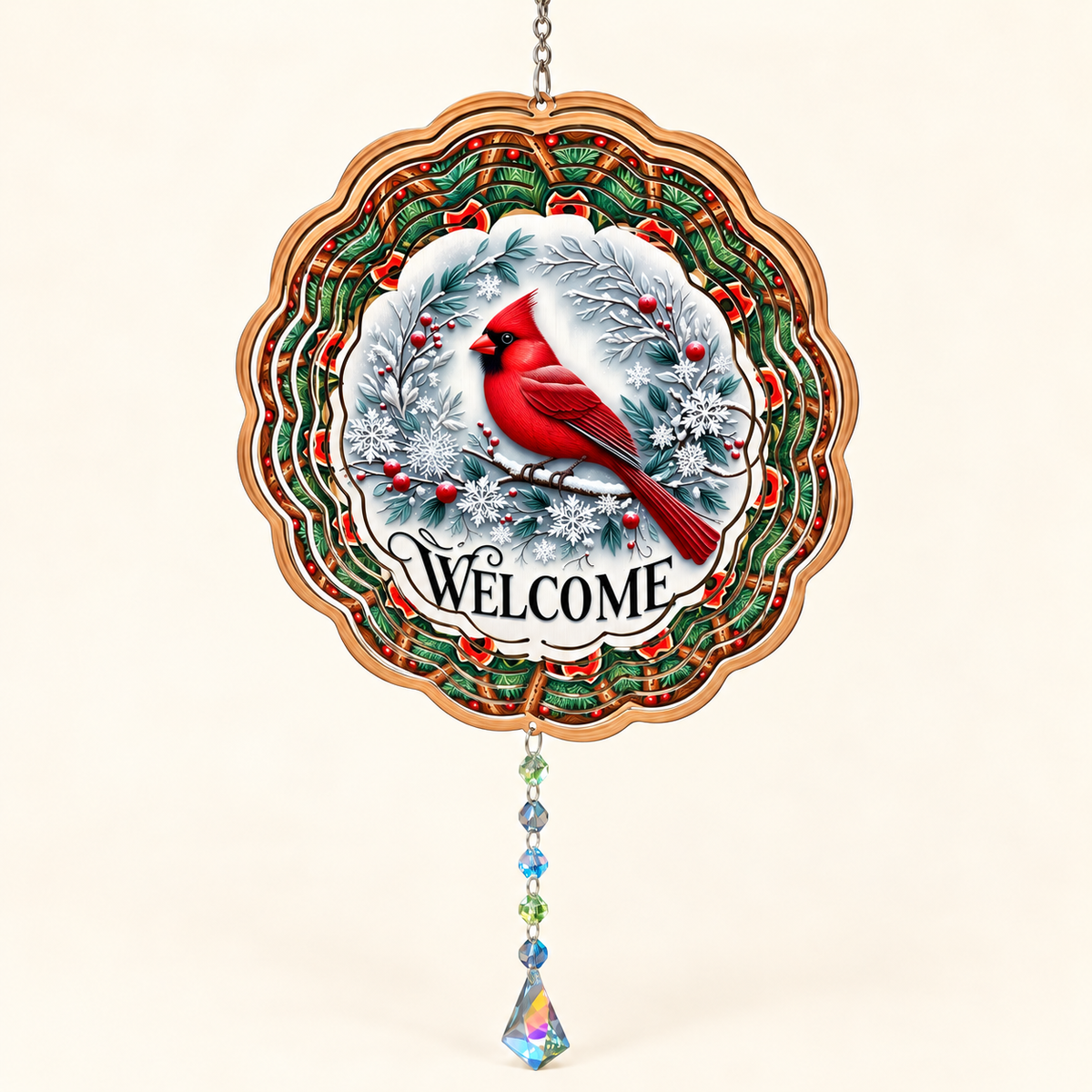 Winter Cardinal Welcome aluminum wind spinner on cream, illustrative front mockup