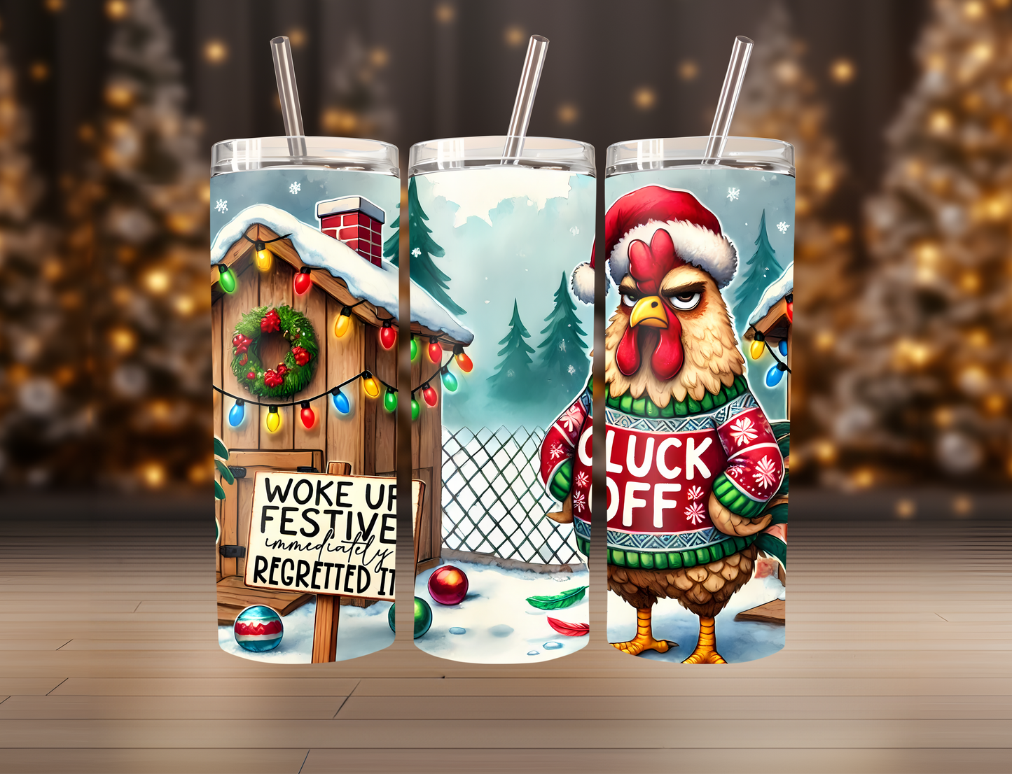 Funny Holiday Tumbler Set - Woke Up Festive & Cluck Off Designs