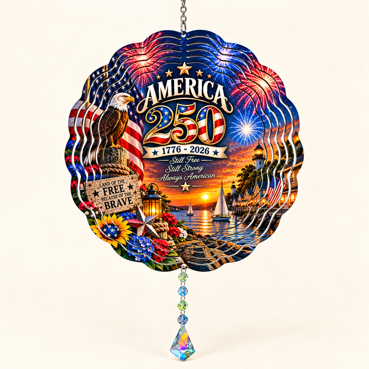 America 250 patriotic eagle harbor wind spinner mockup on cream
