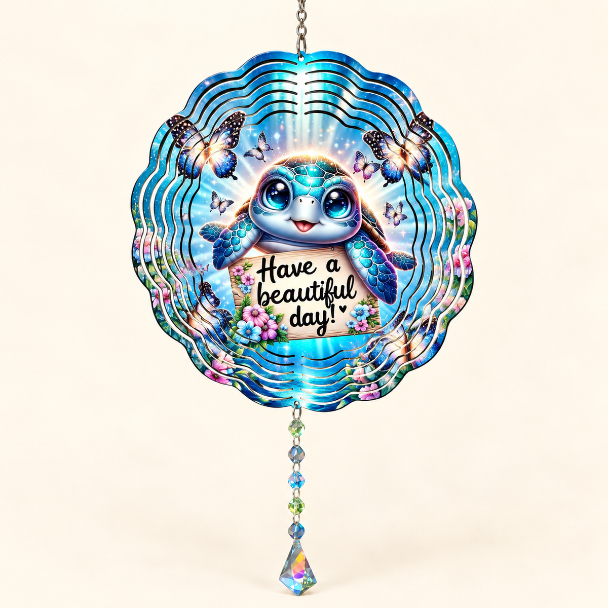 Have a Beautiful Day baby sea turtle wind spinner on cream, illustrative front mockup