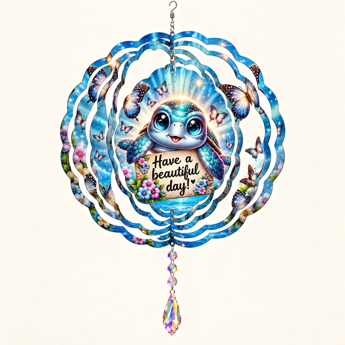 Have a Beautiful Day turtle wind spinner opened into shape on cream, illustrative mockup with example suncatcher