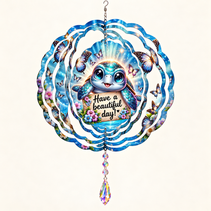 Have a Beautiful Day turtle wind spinner opened into shape on cream, illustrative mockup with example suncatcher