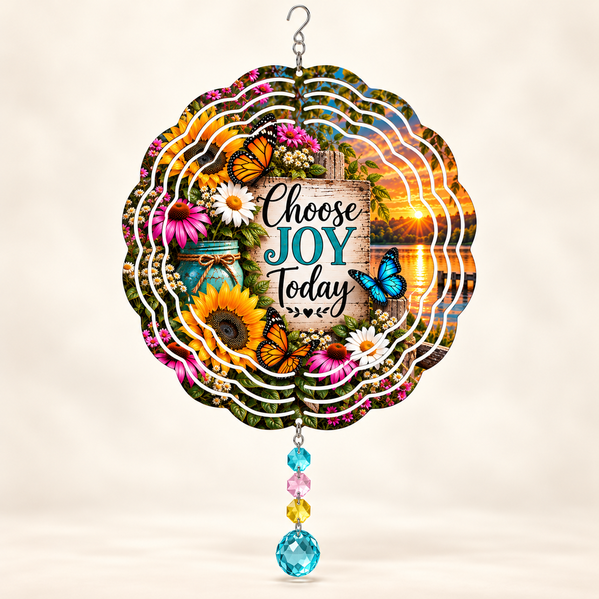 Illustrative front mockup of Choose Joy Today 8-inch floral butterfly spinner with aqua pink yellow and turquoise example prisms