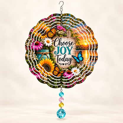 Illustrative front mockup of Choose Joy Today 8-inch floral butterfly spinner with aqua pink yellow and turquoise example prisms