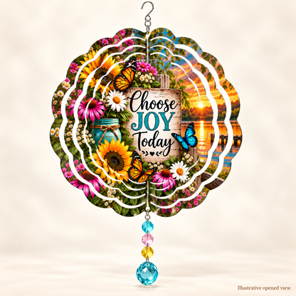 Illustrative opened view of Choose Joy Today 8-inch floral butterfly wind spinner