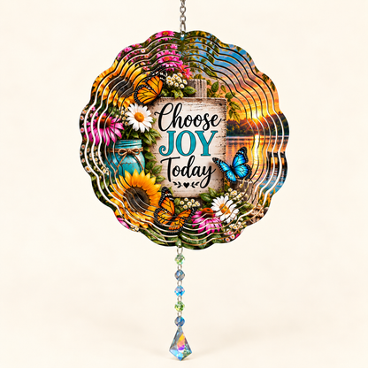 Choose Joy Today sunflower and butterfly wind spinner on cream, illustrative front mockup