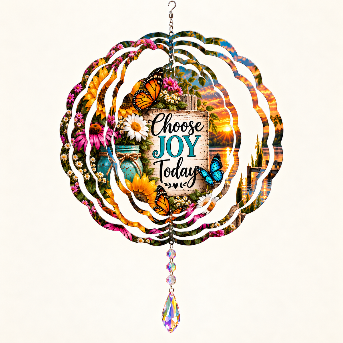 Choose Joy Today wind spinner opened into shape on cream, illustrative mockup with example suncatcher