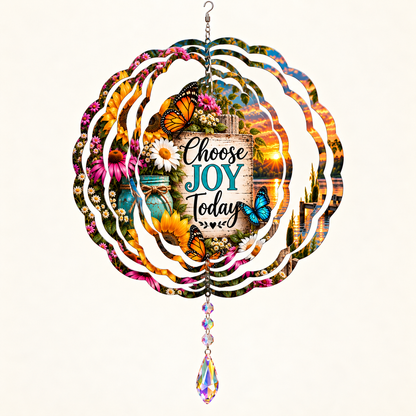 Choose Joy Today wind spinner opened into shape on cream, illustrative mockup with example suncatcher