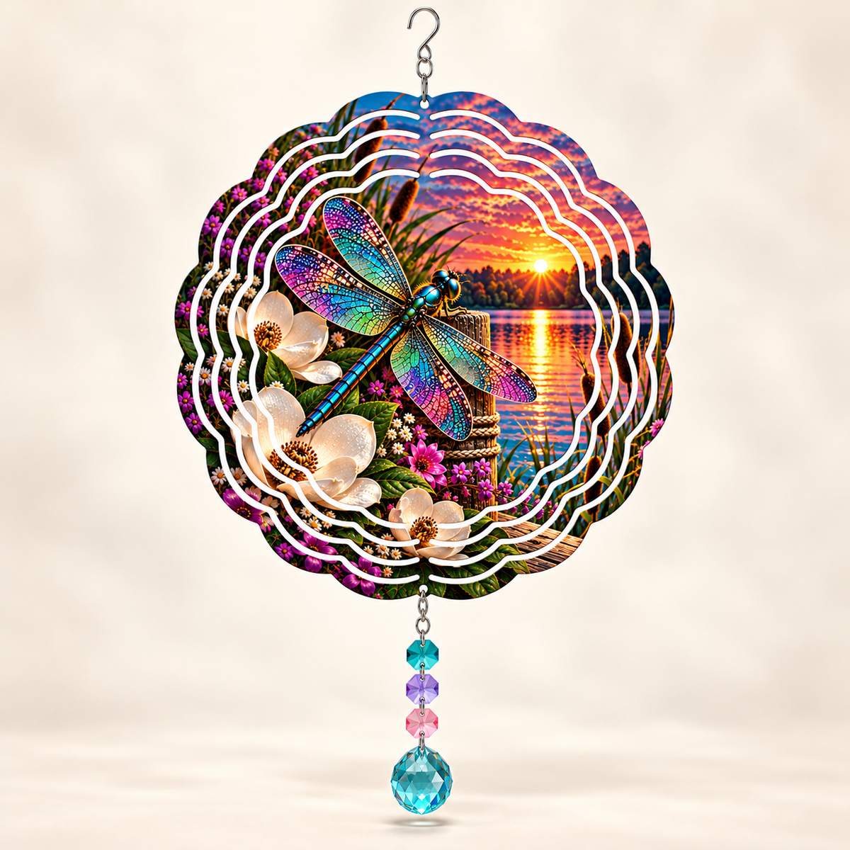 Illustrative front mockup of Dragonfly and Magnolia Sunset 8-inch spinner with example teal lavender pink and turquoise prisms
