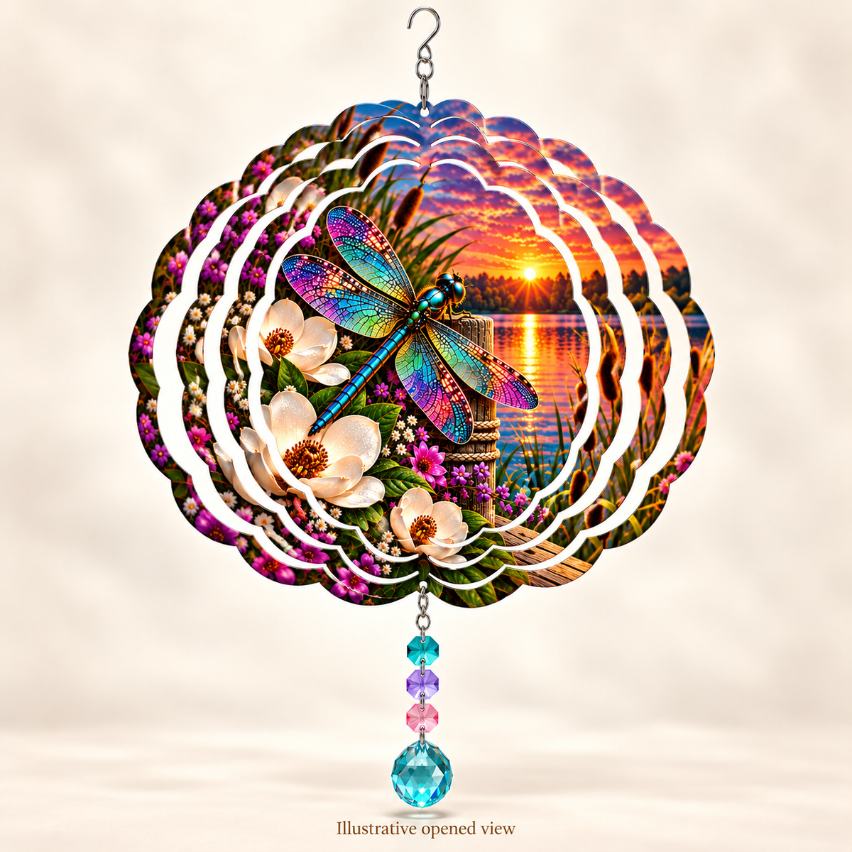 Illustrative opened view of Dragonfly and Magnolia Sunset 8-inch wind spinner