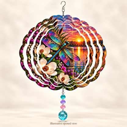 Illustrative opened view of Dragonfly and Magnolia Sunset 8-inch wind spinner