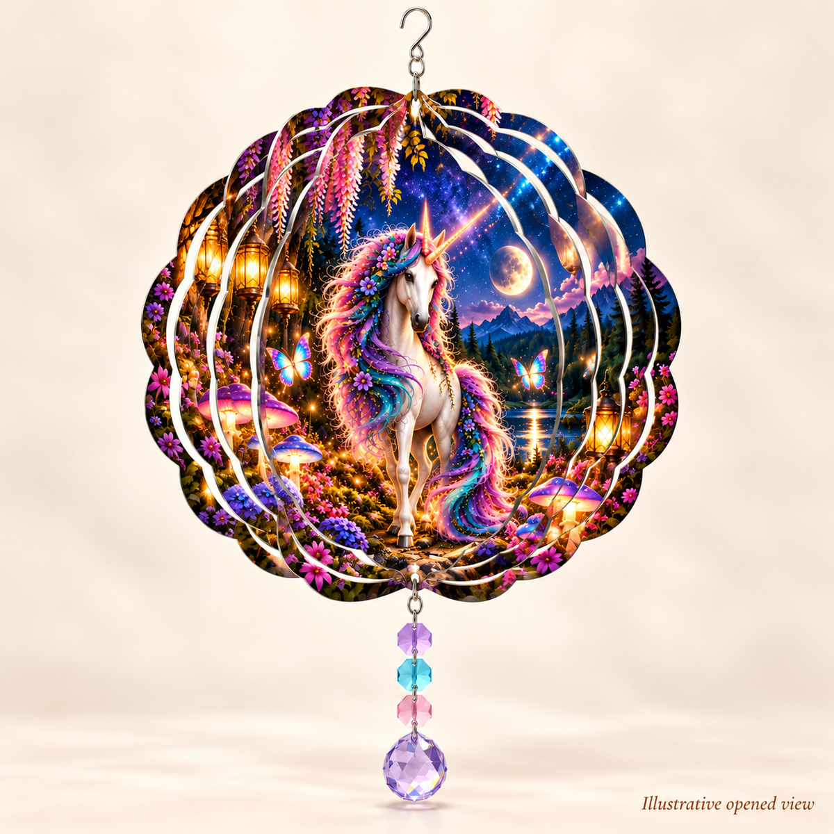 Illustrative opened view of Enchanted Moonlit Unicorn 8-inch wind spinner