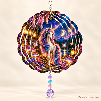 Illustrative opened view of Enchanted Moonlit Unicorn 8-inch wind spinner