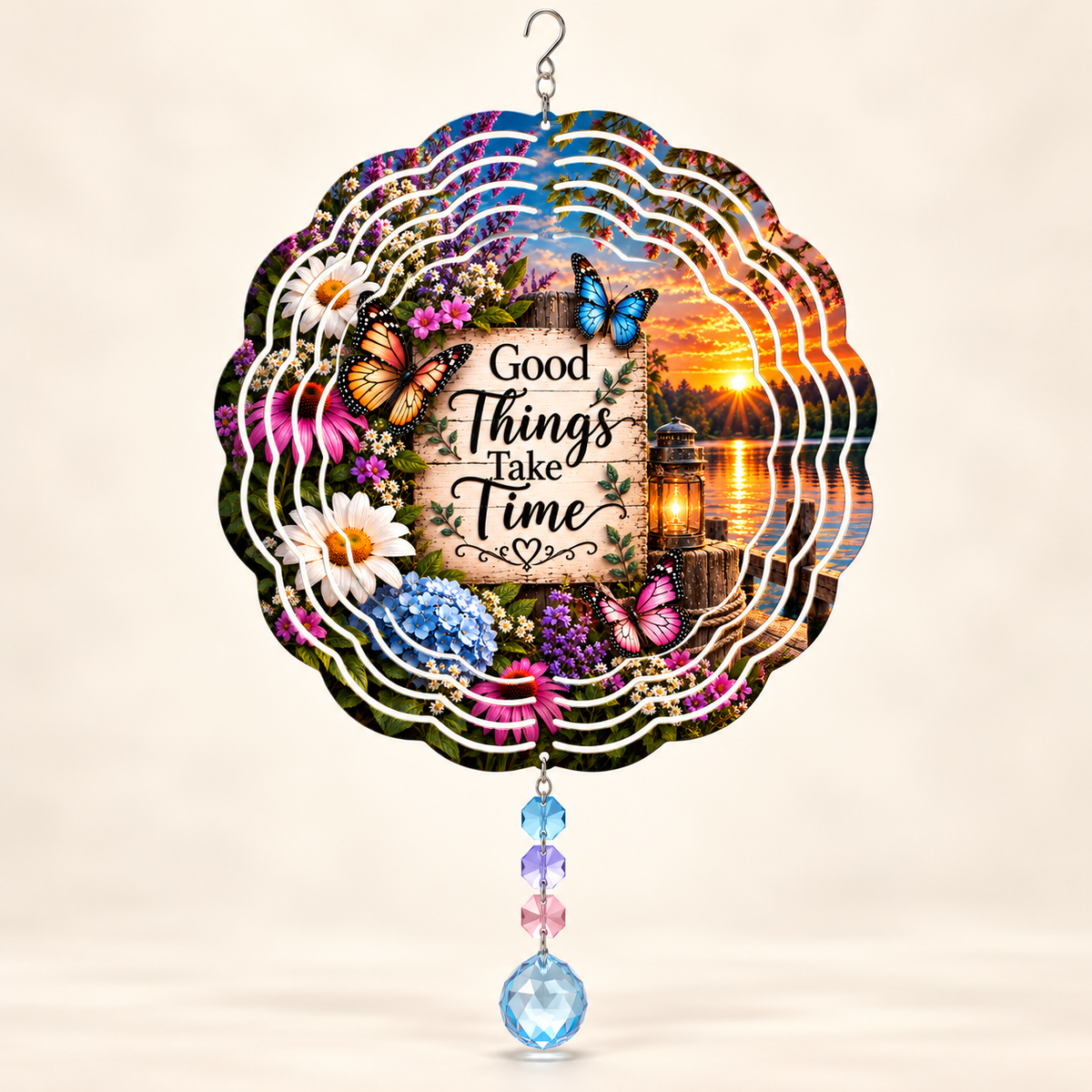 Illustrative front mockup of Good Things Take Time 8-inch floral butterfly spinner with example blue lavender pink prisms