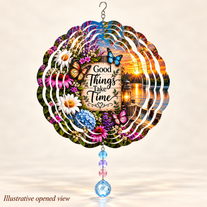 Illustrative opened view of Good Things Take Time 8-inch floral butterfly wind spinner