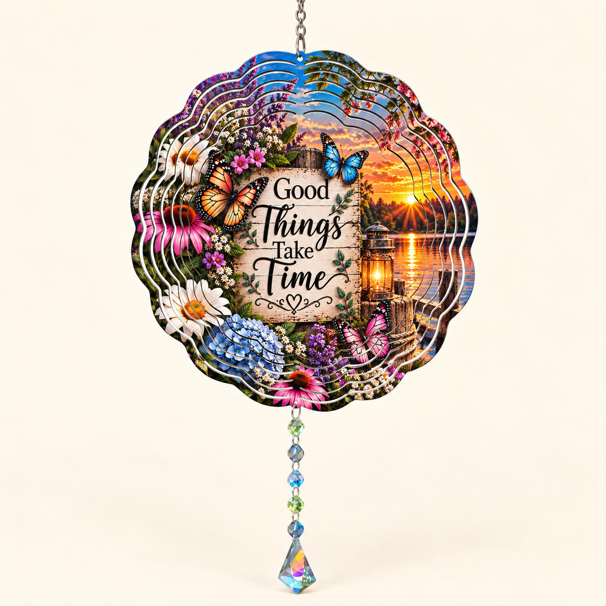 Good Things Take Time floral butterfly wind spinner on cream, illustrative front mockup