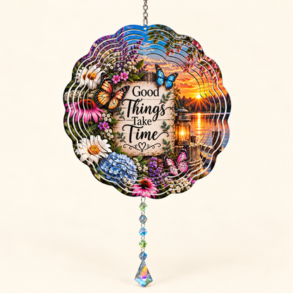 Good Things Take Time floral butterfly wind spinner on cream, illustrative front mockup
