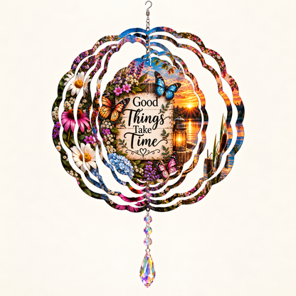 Good Things Take Time wind spinner opened into shape on cream, illustrative mockup with example suncatcher
