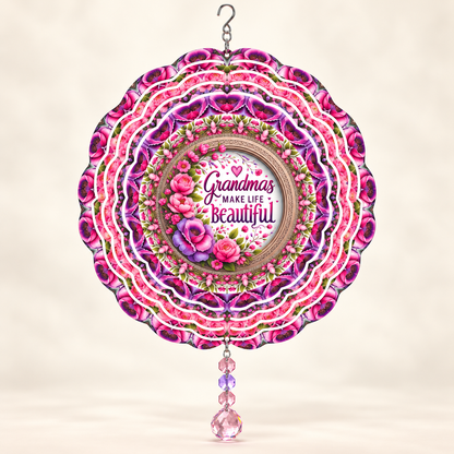 Illustrative front mockup of Grandmas Make Life Beautiful 8-inch floral wind spinner with example pink lavender prisms