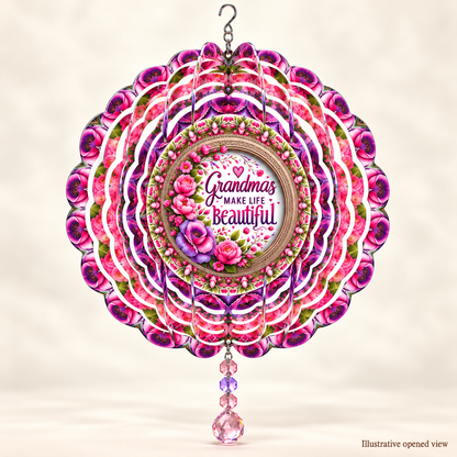 Illustrative opened view of Grandmas Make Life Beautiful 8-inch floral wind spinner
