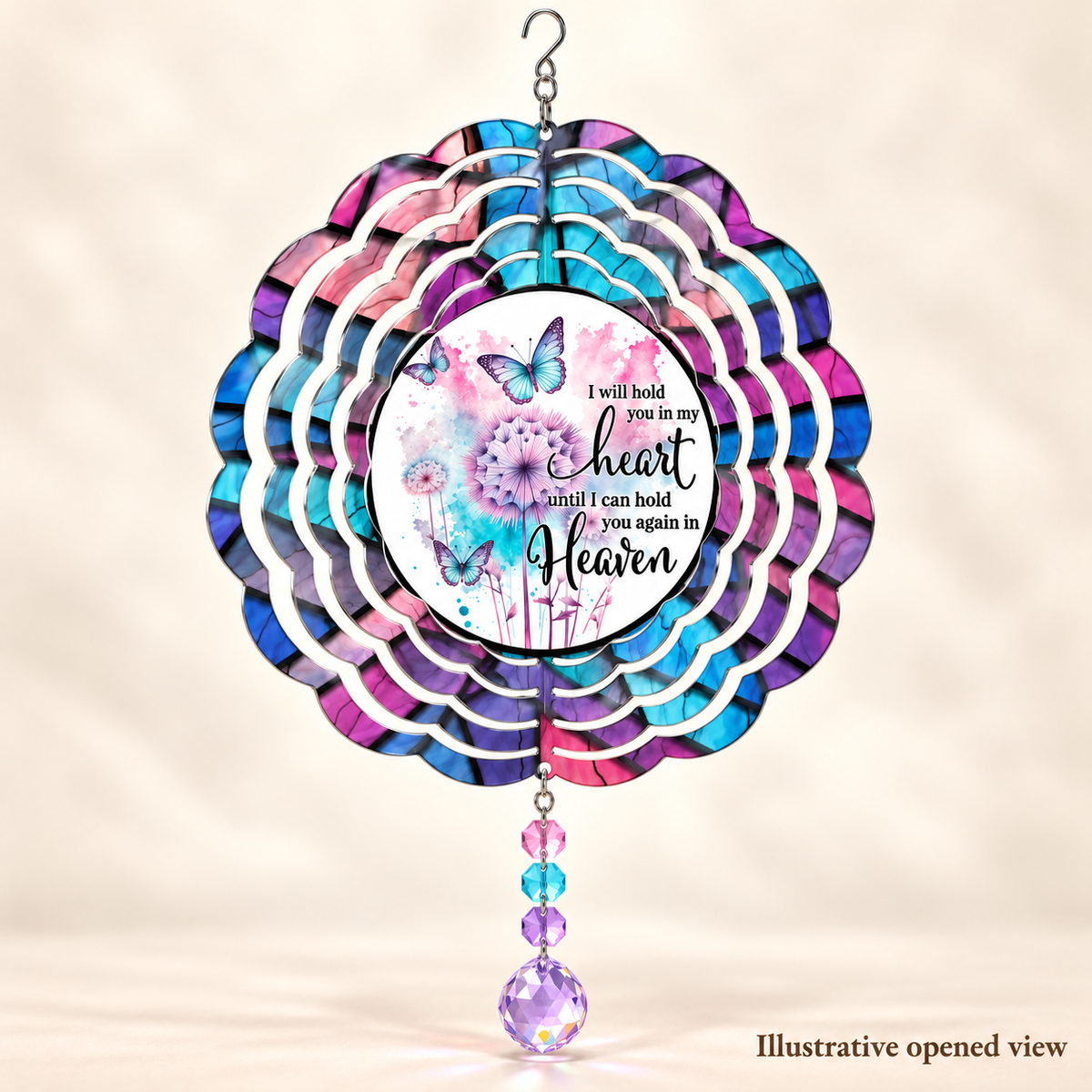 Illustrative opened view of Hold You in My Heart 8-inch memorial spinner with example prisms