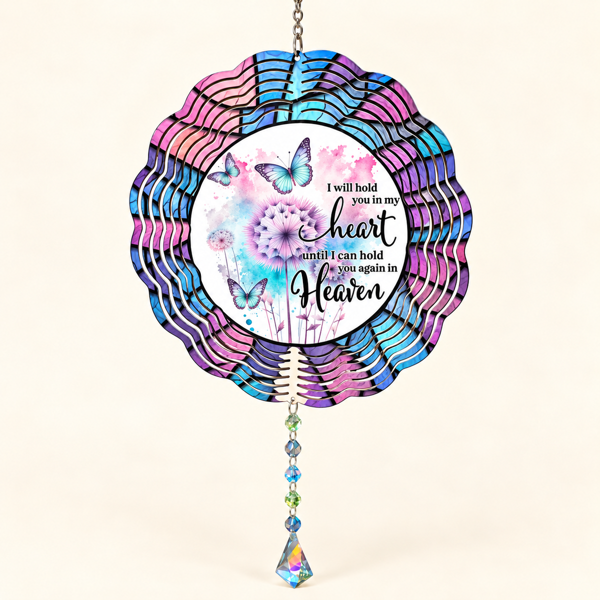 Hold You in My Heart memorial wind spinner with butterflies and dandelions on cream, illustrative front mockup