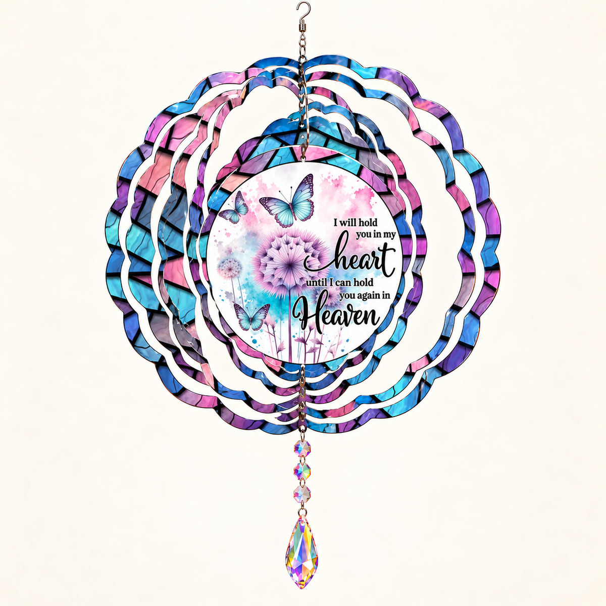 Hold You in My Heart memorial wind spinner opened into shape on cream, illustrative mockup with example suncatcher