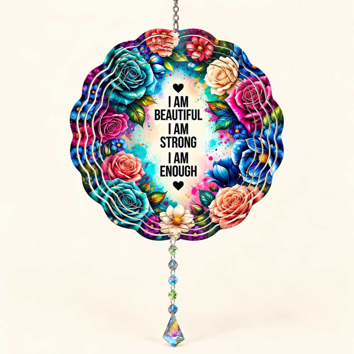 I Am Beautiful I Am Strong I Am Enough floral wind spinner mockup on cream