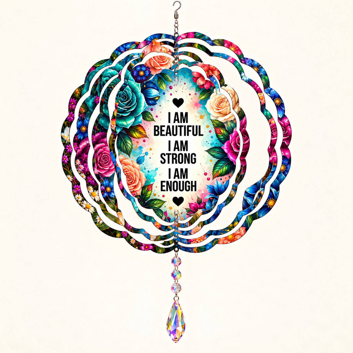 Opened floral affirmation wind spinner mockup with example crystal suncatcher
