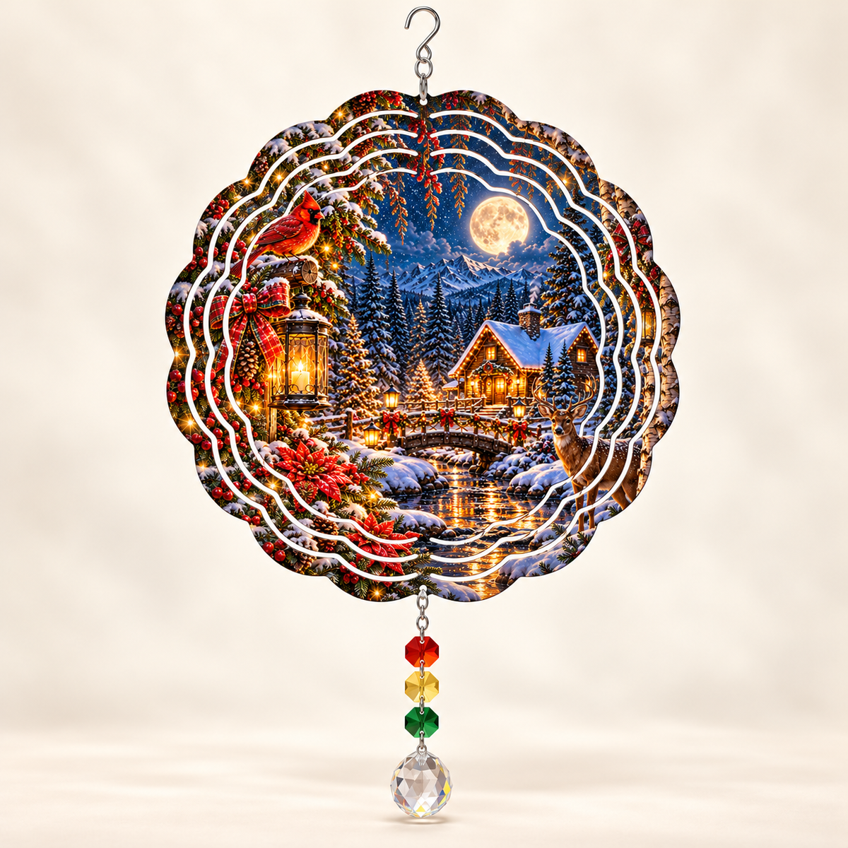 Illustrative front mockup of Moonlit Christmas Cabin 8-inch spinner with example ruby red light gold green and clear prisms