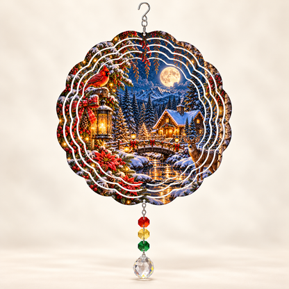 Illustrative front mockup of Moonlit Christmas Cabin 8-inch spinner with example ruby red light gold green and clear prisms