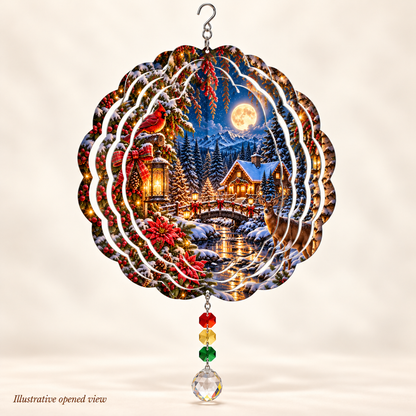 Illustrative opened view of Moonlit Christmas Cabin 8-inch wind spinner