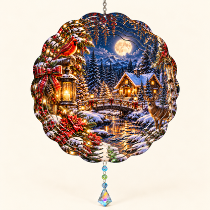 Moonlit Christmas cabin cardinal and deer wind spinner mockup on cream