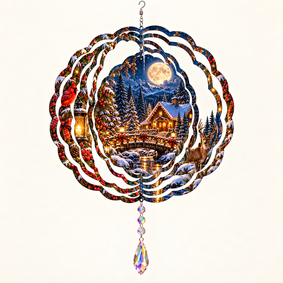 Opened moonlit Christmas cabin wind spinner mockup with example crystal suncatcher