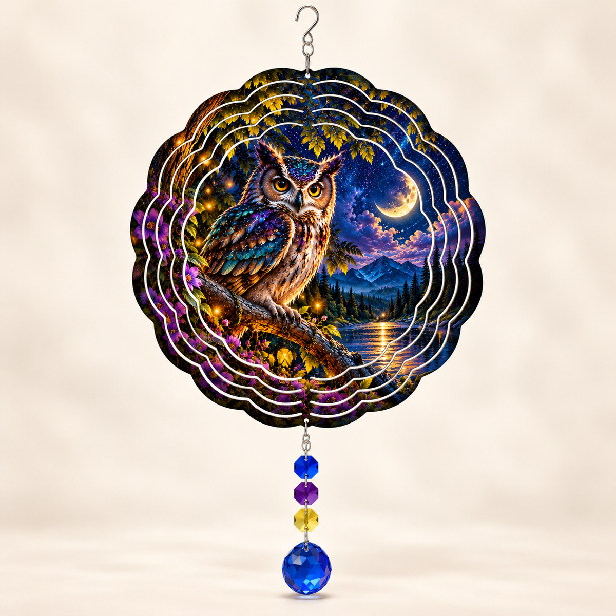 Illustrative front mockup of Moonlit Owl 8-inch wind spinner with example royal blue deep purple light gold and sapphire blue prisms