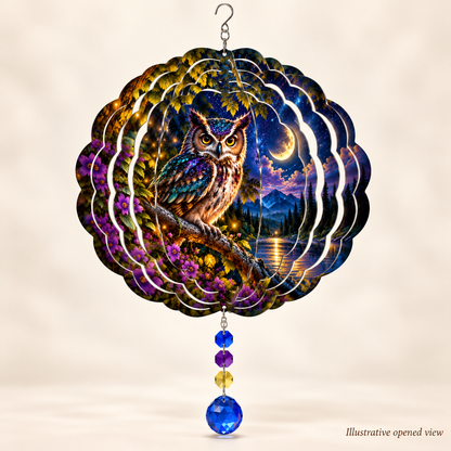 Illustrative opened view of Moonlit Owl 8-inch wind spinner