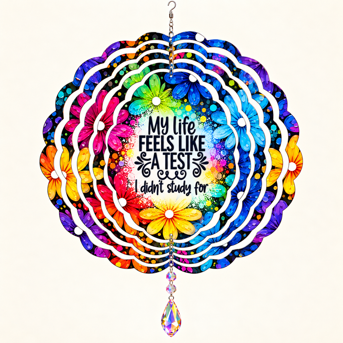 Opened rainbow floral My Life Feels Like a Test spinner mockup with example suncatcher