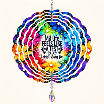 Opened rainbow floral My Life Feels Like a Test spinner mockup with example suncatcher