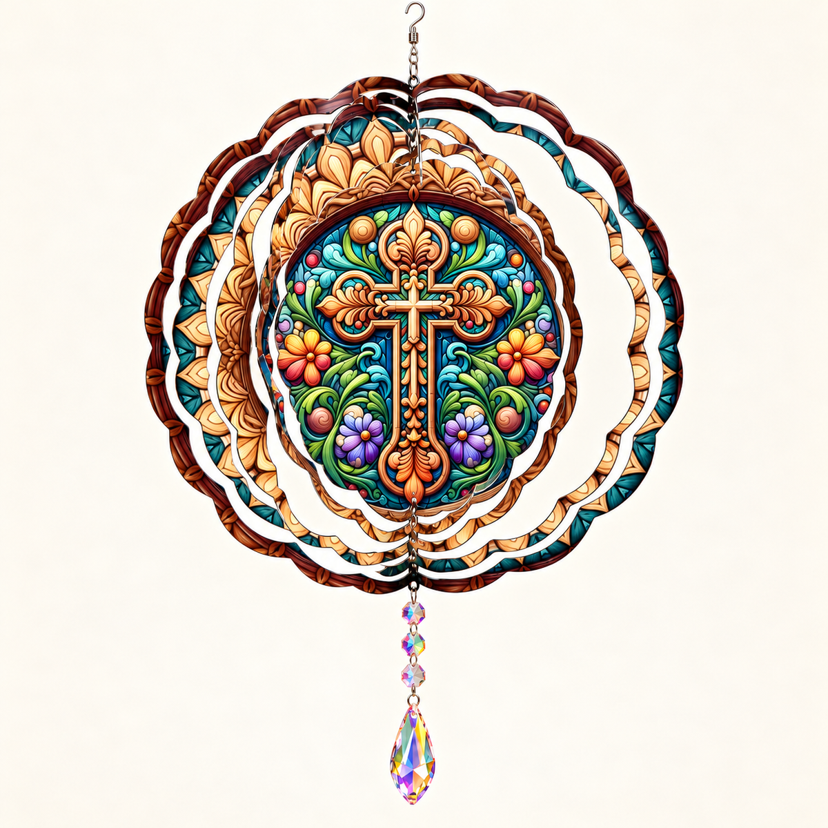 Opened ornate floral cross wind spinner mockup with example crystal suncatcher
