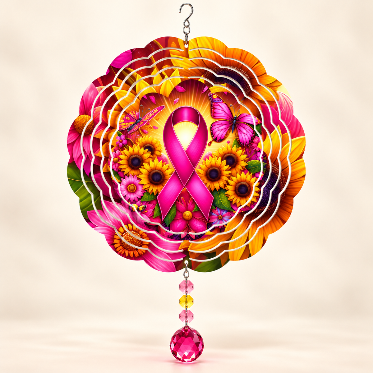 Illustrative front mockup of Pink Ribbon and Sunflower 8-inch wind spinner with example pink yellow and rose-red prisms